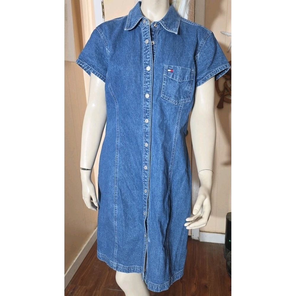 VINTAGE Tommy Hilfiger Jeans Dress Women 14 Blue Shirt Denim Button Down‎ Y2K